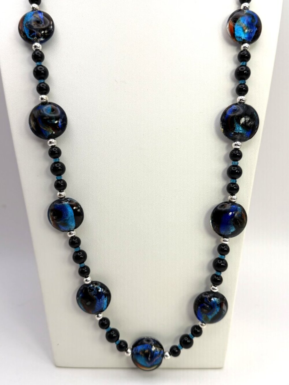 Art Glass Coin Bead Necklace Blue Black Iridescent Opera Length 36" 160g